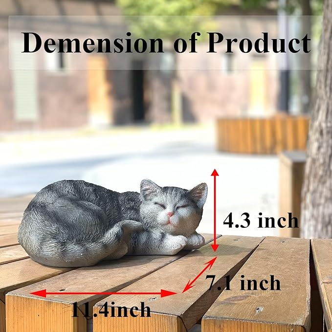 Cat Figurines - Outdoor Statue Garden Decor, Grey Sleeping Cat Statue, 11.5" Larger, Perfect for Patio, Lawn or Indoor Use, Great Gift for Mom