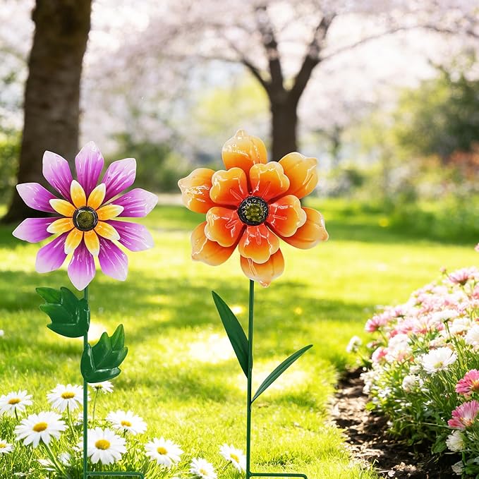 Metal Retro Flower Wind Spinner Art, Guangxie Yard Decorations Outdoor - 2 Pack for Outdoor, Patio, Backyard and Flower Bed Spring Decor (Orange & Purple)