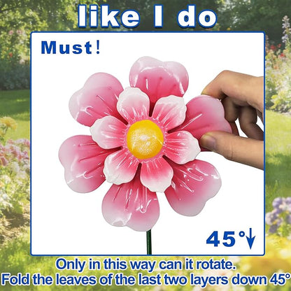 Metal Retro Flower Wind Spinner Art, Guangxie Yard Decorations Outdoor - 2 Pack for Outdoor, Patio, Backyard and Flower Bed Spring Decor (Red & Pink)