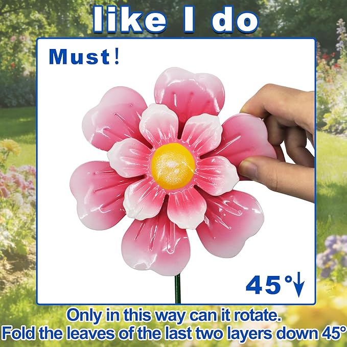 Garden Wind Spinner 2 Pack, Outdoor Metal Flower Stake Decor, Waterproof Kinetic Sculptures for Backyard Flower Bed, Spring Gardening Gifts for Mom (Red/Pink)
