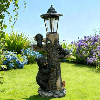 Bear Statue Welcome Sign Garden Statue with Solar Lights, 19 Inches Resin Bear Family on The Tree, Outdoor Bear Décor for Yard, Garden, Lawn, Patio, Black, Spring Decorations for Home