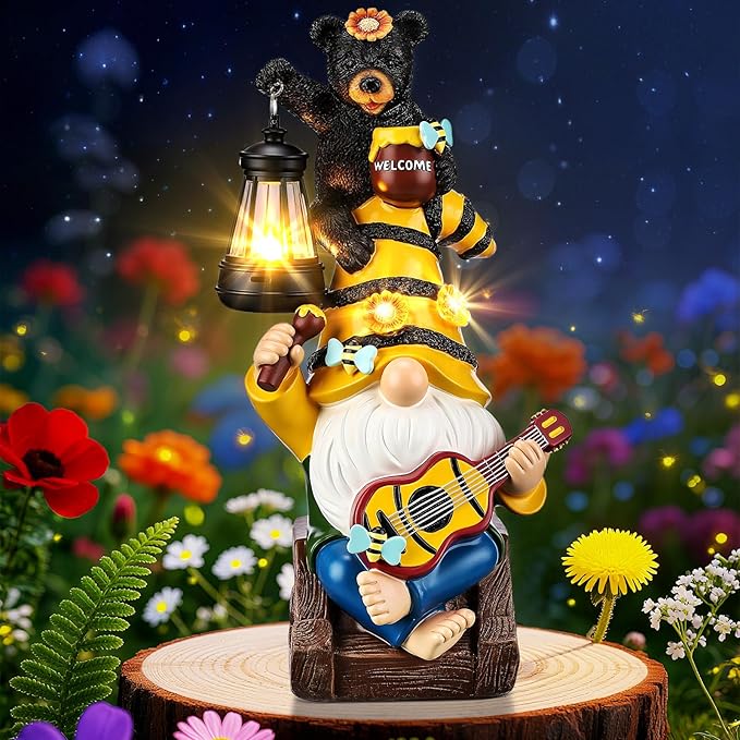 Gerrii Bee Gnome Solar Statue with LED Lantern Spring Garden Outdoor Resin Figurine Gifts for Women Mom Weatherproof Stacked Bear Bee Gnome Light Ornament for Porch Patio Lawn Entryway Welcome