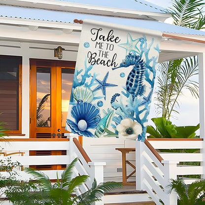 Dyrenson Summer Take Me To The Beach 28 x 40 House Flag Double Sided, Coastal Seahorse Starfish Shell Coral Garden Yard Decoration, Anemone Seasonal Burlap Outdoor Decor Decorative Large Flag