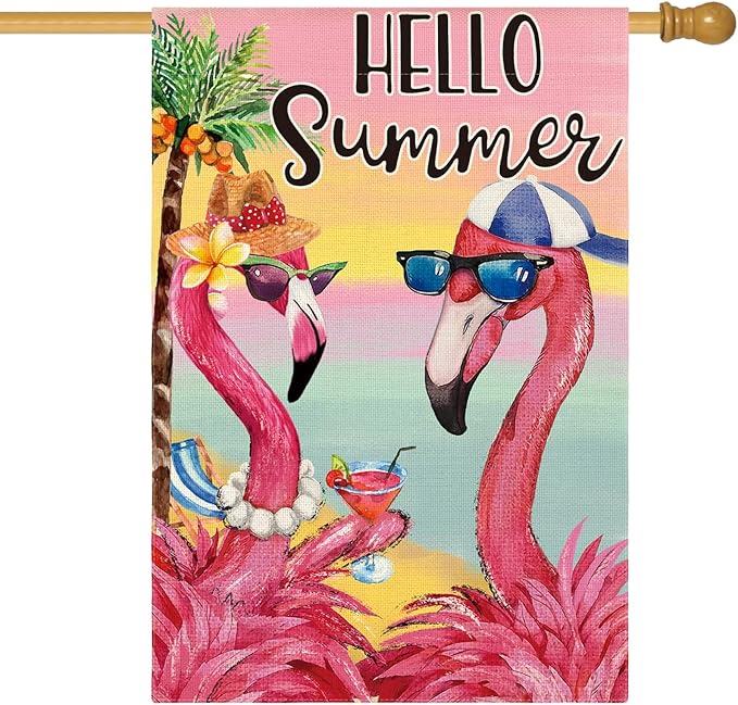 AVOIN colorlife Flamingo Hello Summer House Flag 28x40 Inch Double Sided, Welcome Seasonal Holiday Burlap Yard Outdoor Decoration