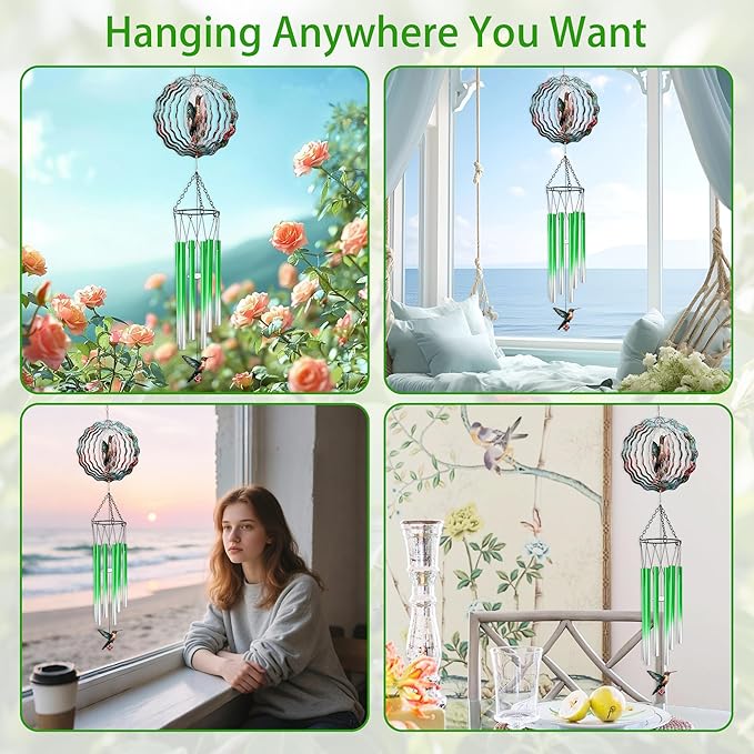 Hummingbird Wind Chimes with Wind Spinner, Mothers Day Birthday Gifts for Women Mom Friends Teacher, Humming Bird Windchimes, Outdoor Hanging Decor for Garden Patio Backyard Porch