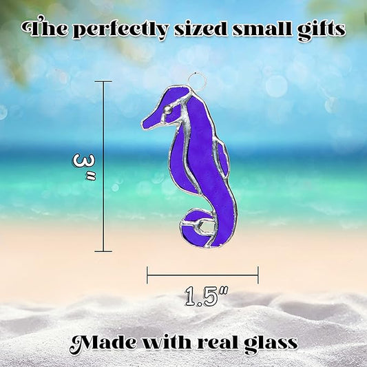Stained Glass Ornament Seahorse Decor 3.5" x 1.5" Cobalt Blue Suncatcher for Window Hangings Sea Glass Ocean Animal Tiffany Figurines Sun Catcher Garden - Beach Themed Office Home Decor