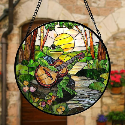 DASTOLL Stained Glass Window Hanging, Frog Playing Guitar Suncatcher Diamond Glass Panel Funny Sun Catchers Decor for Birthday for Women, Men, Wife, Aunt, and Mom 9.8 in
