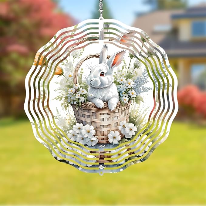 Easter Bunny Wind Spinner Easter Day Gifts 3D Metal Kinetic Hanging Wind Sculpture Spinners for Yard and Garden Indoor Outdoor Window Easter Rabbit Yard Art Garden Decoration 8 Inch (Bunny 2)