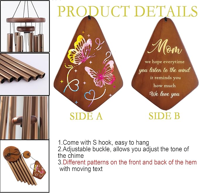 Mom Wind Chimes 32", Birthday Gifts for Mom from Daughter Son, Love Reminder Gifts for Mothers Day Thanksgiving Christmas，Wind Chimes for Mother