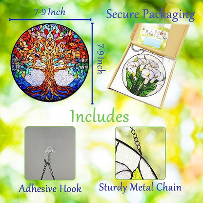 Double Sided Tree of Life Stained Glass Window Hanging, 7.9" Sun Catcher Panel, Green Plant Wall Art for Home & Garden, Unique Gift for Women & Men