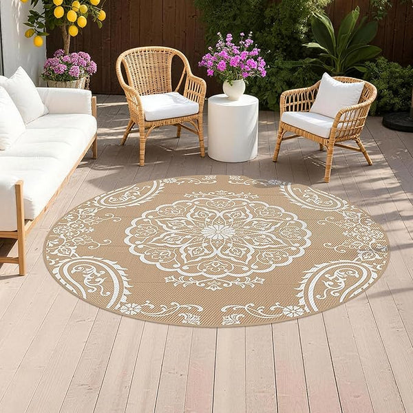 Pauwer Waterproof Outdoor Rug 6ft, Reversible Plastic Straw Patio Camping Rug, Indoor Outdoor RV Mat Carpet for Deck, Camper, Porch, Balcony, Backyard, Picnic, Boho Brown