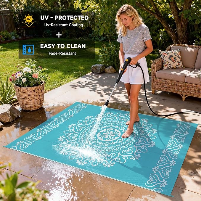 Pauwer Waterproof Outdoor Rug 5x8, Reversible Plastic Straw Patio Camping Rug, Indoor Outdoor RV Mat Carpet for Deck, Camper, Porch, Balcony, Backyard, Picnic, Floral Teal