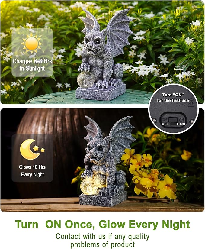 Nacome Solar Gothic Gargoyle Garden Statue: Outdoor Dragon Decor Sculpture with Ball Lights for Yard Art Porch Patio - Unique Birthday Gifts for Women Mom