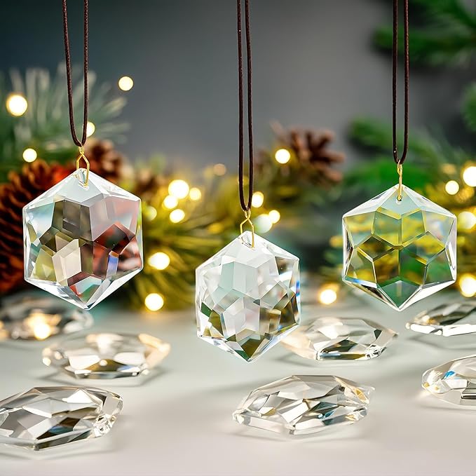 H&D HYALINE & DORA 12 Pack Crystal Sun Catcher Prisms Clear Suncatcher Crystals Indoor Window Hanging Christmas Ornaments Rainbow Maker Prisms for Home Garden Decor(Hexagon)