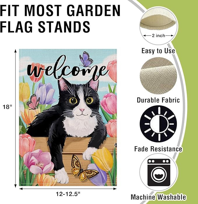 Artofy Welcome Spring Summer Tuxedo Cat Small Decorative Garden Flag, Tulip Flower Butterfly Yard Lawn Outside Decor Pet Lover Gift, Seasonal Floral Burlap Outdoor Home Decoration Double Sided 12 x 18