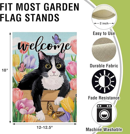 Artofy Welcome Spring Summer Tuxedo Cat Small Decorative Garden Flag, Tulip Flower Butterfly Yard Lawn Outside Decor Pet Lover Gift, Seasonal Floral Burlap Outdoor Home Decoration Double Sided 12 x 18