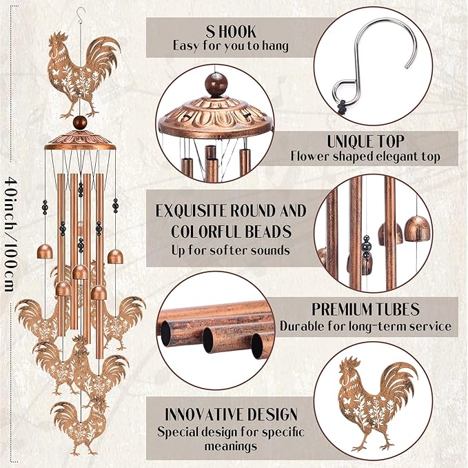 Chicken Decor Wind Chimes - Metal Rooster Windchimes Outdoors Decoration Garden Patio Yard Balcony Porch Indoor Home Art Hanging Christmas New Year Birthday Gift for Women Mom Grandma Friend
