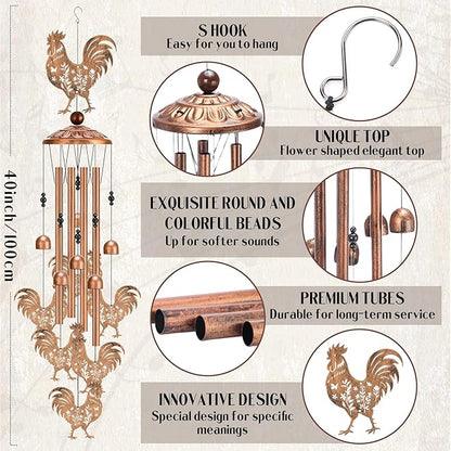 Chicken Decor Wind Chimes - Metal Rooster Windchimes Outdoors Decoration Garden Patio Yard Balcony Porch Indoor Home Art Hanging Christmas New Year Birthday Gift for Women Mom Grandma Friend
