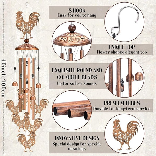 Chicken Decor Wind Chimes - Metal Rooster Windchimes Outdoors Decoration Garden Patio Yard Balcony Porch Indoor Home Art Hanging Christmas New Year Birthday Gift for Women Mom Grandma Friend