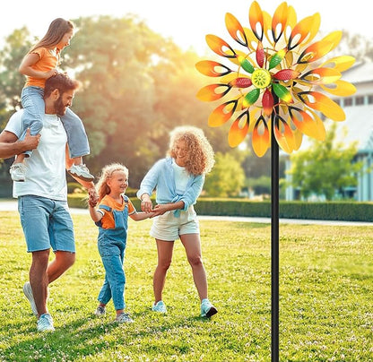 Metal Sunflower Wind Spinner Outdoor, 13" W x 64" H Large Double Windmill Pinwheels with 5 Prong Stake, Kinetic Wind Sculpture for Backyard Garden Patio Lawn Art Decor Yellow
