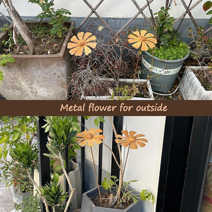 2 PCS Rustic Chamomile Garden Decor for Outside,Metal Flower Bed Decorations，Rusty Flower Art Spring Decor,Garden Stakes Decorative,Chamomile Outdoor Sculptures and Yard Art, Lawn Ornaments