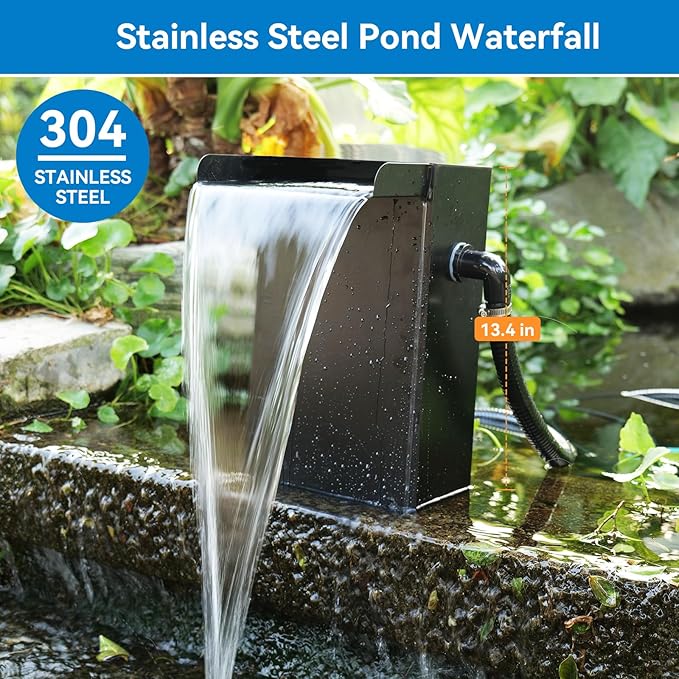 POPOSOAP Pond Waterfall Spillway with Pump Kit, 304 Stainless Steel Waterfall with Filtration & 660GPH Pond Pump & 9.8FT Tubing Outdoor Fountain Kit for Garden,Backyard Decor,13.4" H x 8"W-P432