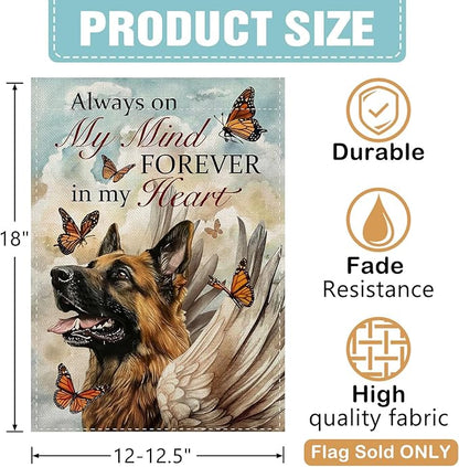 Dyrenson Memorial German Shepherd Dog Decorative Garden Flag, Always on My Mind Forever in My Heart Yard Outside Home Decoration, Pet Butterfly Cemetery Burlap Outdoor Small Decor Double Sided 12x18