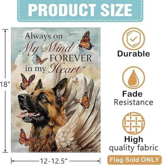 Dyrenson Memorial German Shepherd Dog Decorative Garden Flag, Always on My Mind Forever in My Heart Yard Outside Home Decoration, Pet Butterfly Cemetery Burlap Outdoor Small Decor Double Sided 12x18