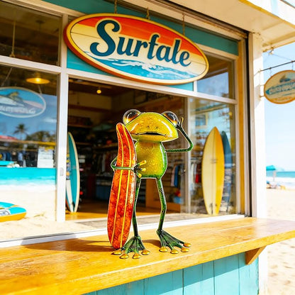 Frog Metal Garden Decor Yard Art Frog Decor with Skateboard, 3D Stereo Hand-Painted Decoration for Outdoor Garden Patio Plant Porch Poolside, Indoor Living Room Bedroom Shelf Ornament 9.5'' Height
