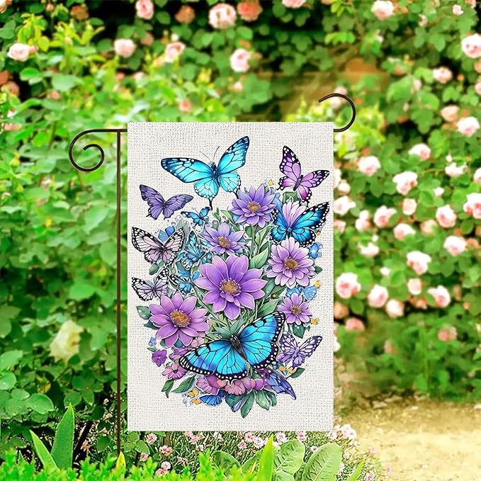 Spring Summer Garden Flag 12x18 Inch Vertical Double Sided, Butterfly Floral Flower Yard Flags for Outside Decor, Holiday Outdoor Seasonal Decorations for Home