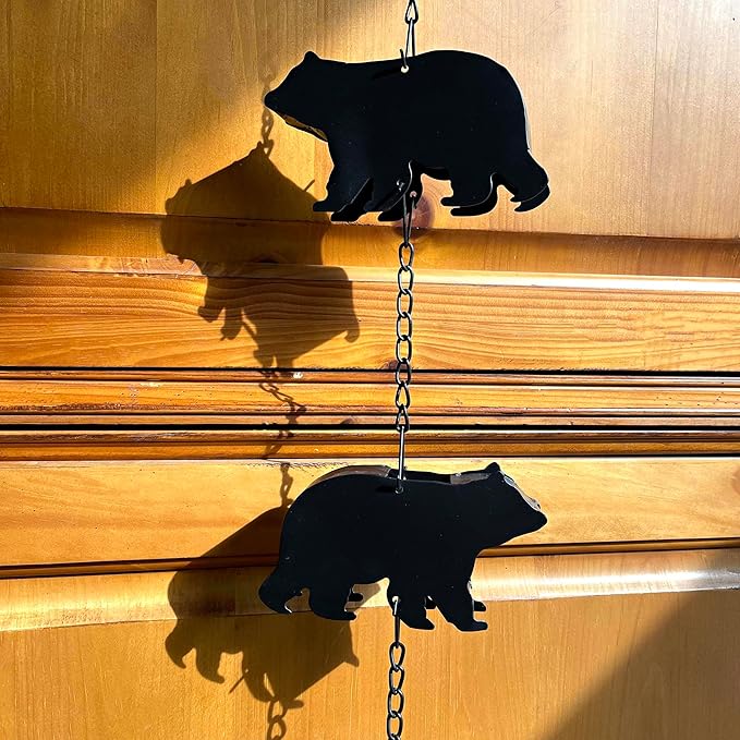 Black Bear Rain Chain - 75 inches Long with 8 3D Bear Designs, Weighted Bell for Wind Chime Sound, Durable and Weather-Resistant - Eco-Friendly Rainwater Collection or Downspout Replacement