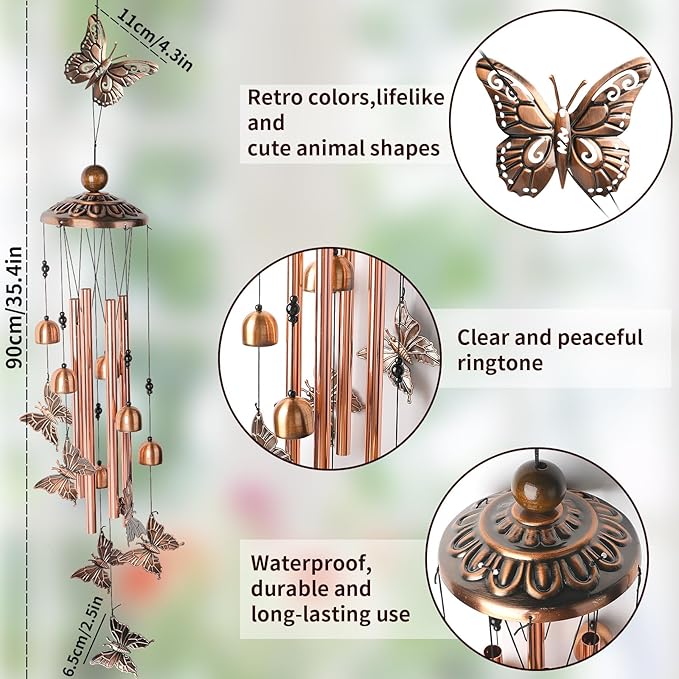 Wind Chimes for Outside, Butterfly Aluminum Tube Windchime with S Hook - Clearance Hanging Decor for Garden, Patio, Backyard or Porch