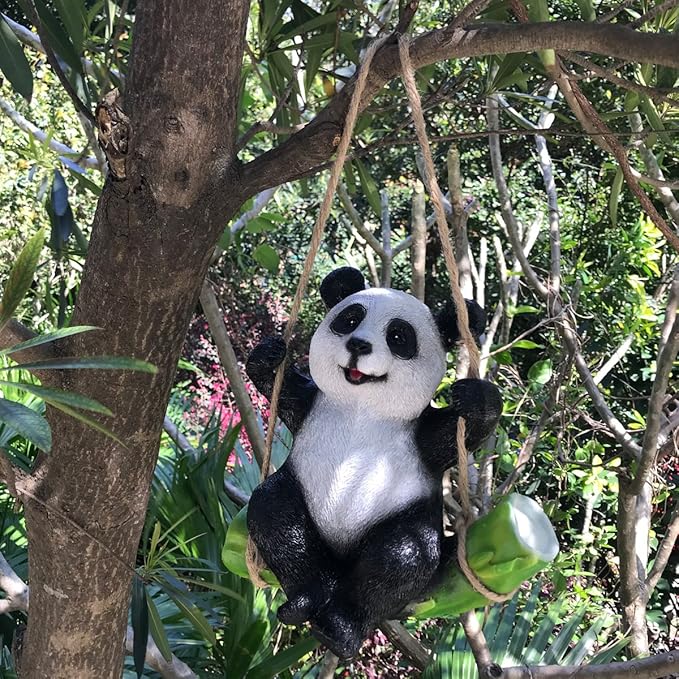 Cute Black and White Panda Swing on Bamboo Creative Statue for Garden Decoration
