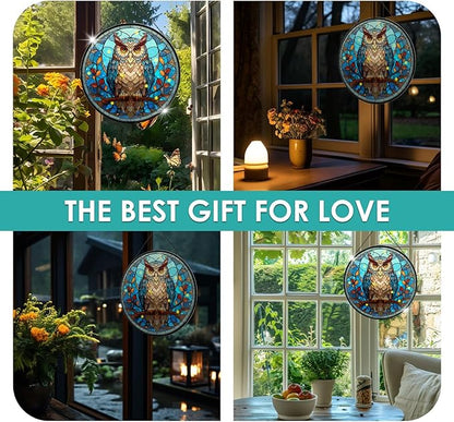Owl Stained Glass Window Hanging, 7.9" Owl on a Branch Suncatcher for Window Doors Home Decoration, Owls Decor for Home, Mother's Day Christmas Birthday Gifts for Owls Lovers Women Men