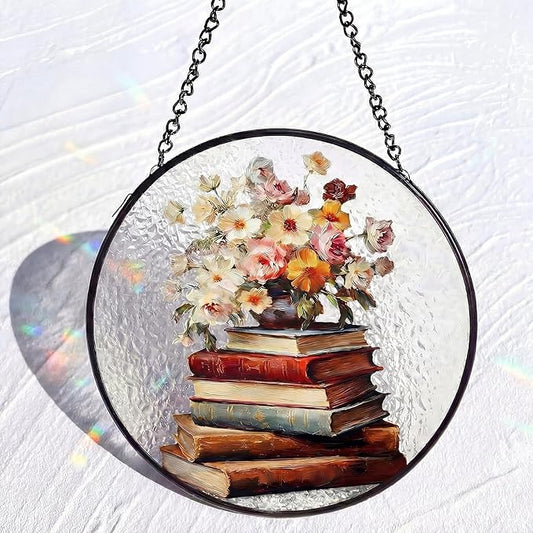 Mifoci 6.3 Inch Stained Glass Window Hanging Vintage Flower Suncatchers Indoor Window Book Lovers Gifts for Room Office Decor Aesthetic