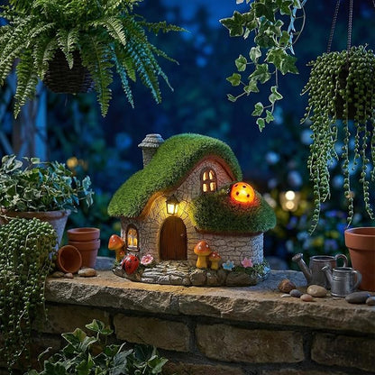 Solar Fairy Garden House Accessories, Outdoor Garden Statues with Ladybug Lights & Mushroom Gardening Gifts for Women, House Sculpture Figurine Outside Garden Decorations for Yard Patio Lawn Decor