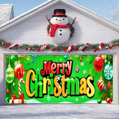 IVN Christmas Garage Door Cover Decoration 13x6ft Bright Green Background Candy Canes Colorful Letters Merry Christmas Winter Garage Door Banner Home Door Front Yard Decor for Xmas Eve Holiday Outdoor