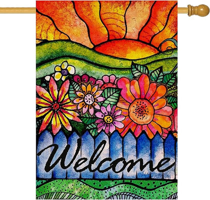 Home Decorative Welcome Spring Summer House Flag, Sunshine Watercolor Flowers Garden Yard Abstract Floral Outside Decorations, Sunrise Fall Farmhouse Outdoor Large Decor Double Sided 28 x 40