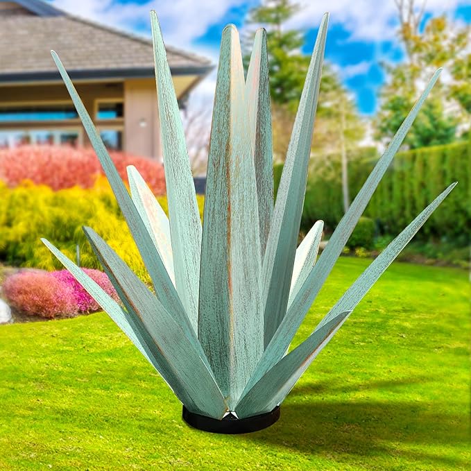 KODIBO Large Tequila Rustic Sculpture, Rustic Metal Agave Plants for Outdoor Patio Yard, Home Decor Hand Painted Metal Agave Garden Yard Statue, Outdoor Lawn Ornaments (Mint Green - L)