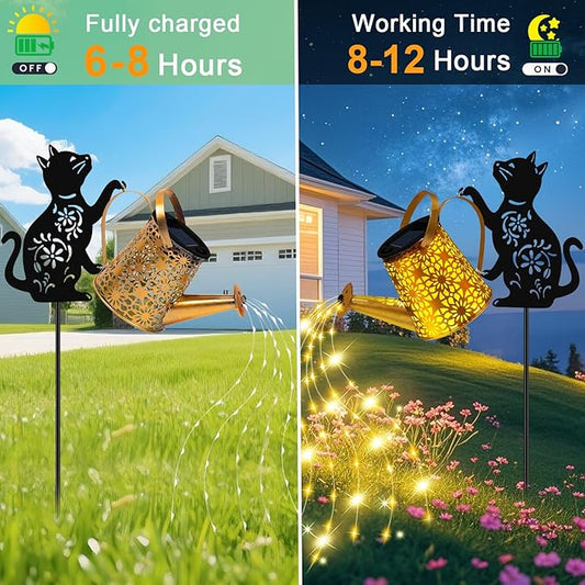 Garden Decor for Outdoor - Solar Watering Can with Lights, Metal Cat Silhouette Stake with Cascading Waterfall LEDs, Waterproof Yard Art for Lawn Patio, Unique Gardening Gifts for Women Mom 2 Pack