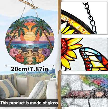 VAIIEYO Beach Sun Catcher Stained Glass Window Hanging Ornament, Handmade Summer Sun Catcher Chair Decoration with Hooks for Window Garden Home, Mother's Day & Birthday Housewarming Gift (7.8 inch)