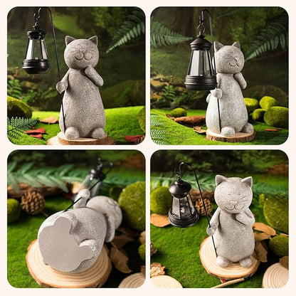 Garden Decor Solar Statue Lights, Outdoor Statues Cat with Solar Lantern, Resin Cats Figurine for Patio Lawn Front Porch Yard Decoration - Housewarming Birthday Gifts for Mom Grandma Women