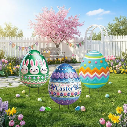 DoubleFill 3 Pcs Easter Decorations Outdoor 3D Metal Easter Eggs Yard Signs Decorative Garden Stakes Eggs Bunny Lawn Decorations Yard Decor for Spring Ornament Lawn Pathway Garden(Classic Style)
