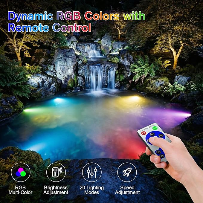 POPOSOAP 6-Head RGB Underwater Pond Lights, IP68 Waterproof LED Lights with Remote Control, Timer & Memory Function Fountain Lights for Pond Fountain Waterfall Aquarium Pool Outdoor Decoration