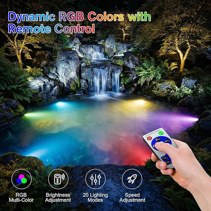 POPOSOAP RGB Underwater Pond Lights, IP68 Waterproof LED Pond Lights with Remote, Timer & Memory Function Fountain Lights for Pond Fountain Waterfall Aquarium Swimming Pool Outdoor Decoration 4-Head