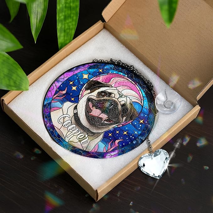 Pet Stained Glass Suncatcher Personalized Custom Name Pet Photo Ornament Window Hanging Home Decor Sympathy Gift for Loss of Pet Dog Cat Memorial Keepsake Remembrance Gift for Dog Lovers
