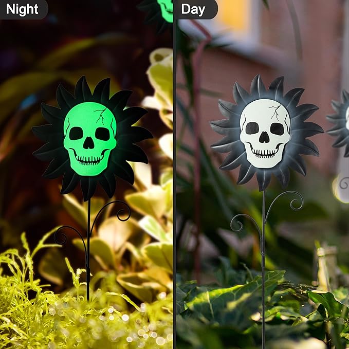 Glitzhome Set of 3 Glow in Dark Halloween Sunflower Skulls Metal Yard Stake, 24" Metal Yard Sign or Wall Decor for Outdoor