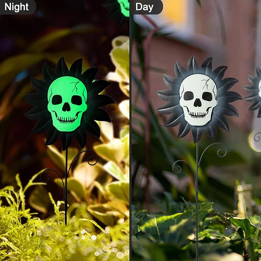 Glitzhome Set of 3 Glow in Dark Halloween Sunflower Skulls Metal Yard Stake, 24" Metal Yard Sign or Wall Decor for Outdoor