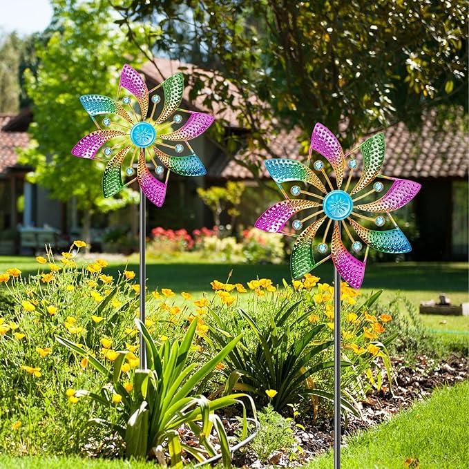 Colorful Outdoor Wind Spinner, Kinetic Small Garden Windmill with Stake, Geometric Metal Pinwheels for Yard Patio Art Decor(B-Colorful-1PCS)