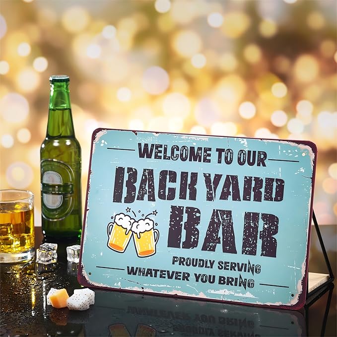 Welcome to Our Backyard Bar Sign 12 x 8 Inch Metal Sign Vintage Metal Banner Funny Welcome Hanging Bar Terrace Wall Decoration for Outdoor Patio Porch Pool Outdoor Wall Decor (Blue)